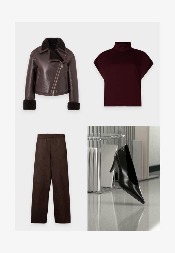 Bruine leren cropped jas met een nep bontkraag, ritssluiting en schapenwollen manchetten. Voorzien van een asymmetrisch ontwerp en een gestructureerde afwerking.; Bourgondische cropped top met een hoge opstaande kraag, korte mouwen en een gladde, rekbare stof. Geen zichtbare patronen of hardwaredetails.; Bruine, wijde broek van zacht, suède-achtig materiaal met een elastische tailleband en zonder zakken. Eenvoudig ontwerp, gladde textuur.; Zwart hooggehakt schoen met puntige neus en gouden logo, geplaatst op een reflecterend oppervlak naast een verchroomde draadordner met documenten.