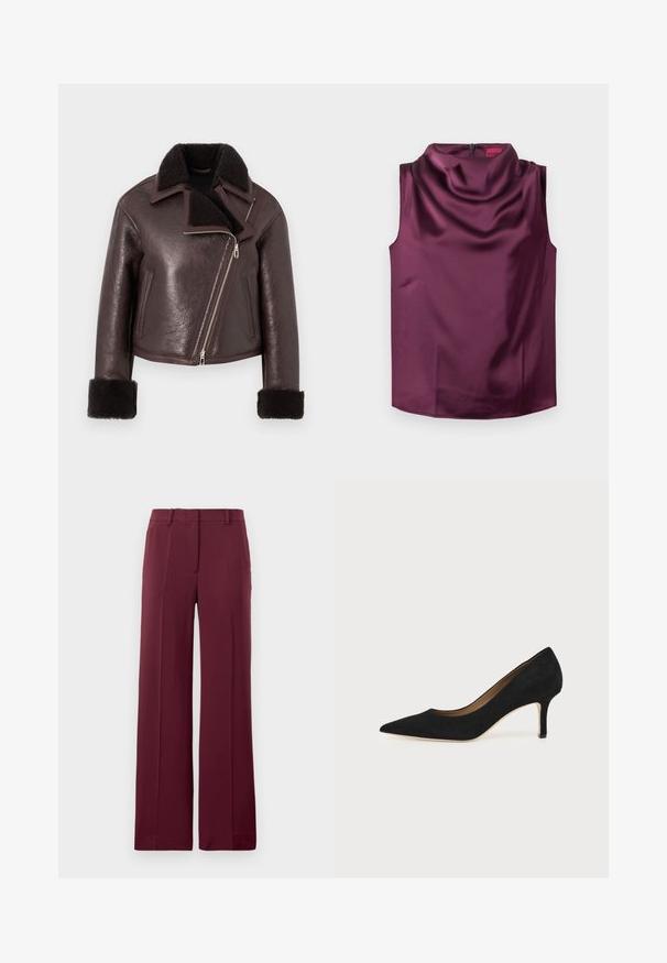 Brun læderkort jakke med faux pelskrave, lynlåslukning og shearlingmanchetter. Har et asymmetrisk design og struktureret finish.; Bordeaux ærmeløs top fremstillet af glat satin med en cowl halsudskæring og en skjult lynlås bagpå. Flad søm, ingen synlige mønstre.; Burgundy vide bukser lavet af glat stof, med flad front, bæltesløjfer og et skræddersyet design med foldede detaljer.; Sort ruskind spids tå højhælet pumpe med en slank mellemhøj stilethæl og et lavt snit på en ensfarvet baggrund.