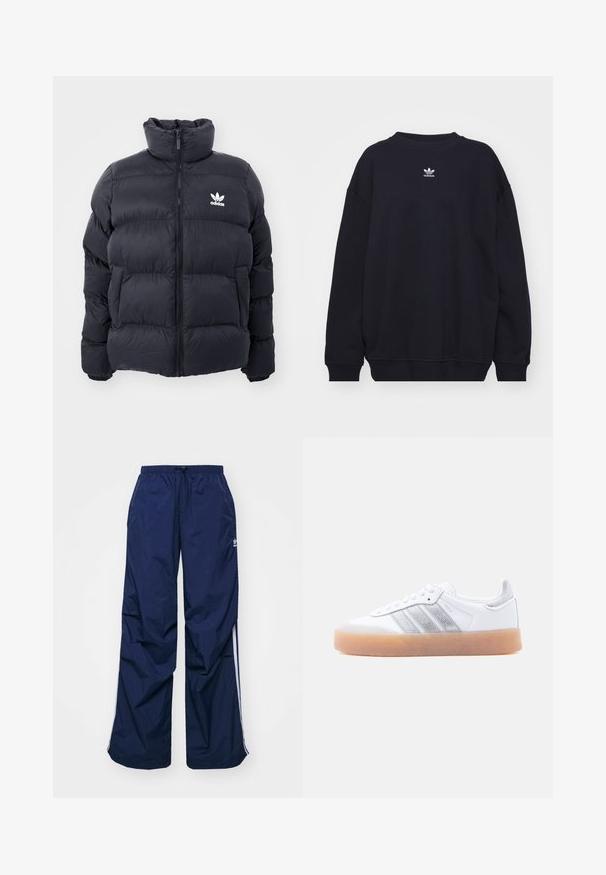Marineblauwe pufferjack met hoge kraag, ritssluiting en wit Adidas-logo op de borst. Beschikt over gestikte panelen en een gladde, glanzende textuur.; Zwarte sweatshirt gemaakt van een katoenmix, met een geribbelde ronde hals en manchetten, en een klein wit Adidas-logo centraal op de borst.; Navyblauwe, lichtgewicht broek met elastische taille en trekkoord, voorzien van witte zijstrepen en een klein logo aan de voorkant. Losse pasvorm.; Witte lage sneaker met gumzool, zilverkleurige gestreepte zijkanten en veterluiting, afgebeeld tegen een effen lichte achtergrond.