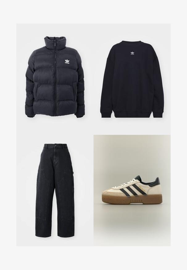 Marineblauwe pufferjack met hoge kraag, ritssluiting en wit Adidas-logo op de borst. Beschikt over gestikte panelen en een gladde, glanzende textuur.; Zwarte sweatshirt gemaakt van een katoenmix, met een geribbelde ronde hals en manchetten, en een klein wit Adidas-logo centraal op de borst.; Zwarte denim cargo broek met wijde been, hoge taille, twee grote voorkanten zakken en een knoopsluiting bij de taille. Soepele textuur, casual ontwerp.; Witte Adidas sneaker met zwarte strepen, beige suède neus, bruine zool en "SPEZIAL" in gouden letters aan de zijkant.