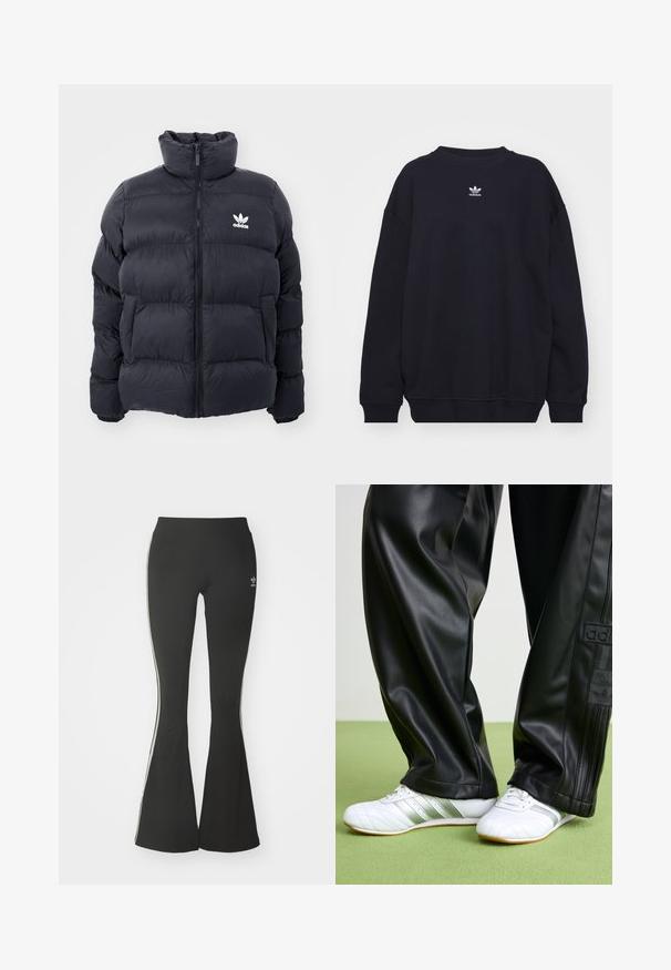 Marinblå puffjakke med høj krave, lynlås lukning og hvid Adidas-logo på brystet. Har syede paneler og en glat, blank overflade.; Sort sweatshirt lavet af en bomuldsblanding, med ribbet rund hals og manchetter, og et lille hvidt Adidas-logo centralt placeret på brystet.; Sorte flared leggings lavet af strækstof, med en høj talje og hvide sidestreger. Inkluderer lille logo ved taljen.; Sorte faux leather bukser med en løs pasform, der har en glat overflade og sidelister. Sammen med hvide sneakers med sølvdetaljer.