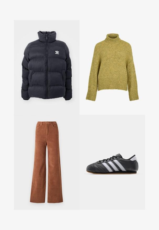 Marineblauwe pufferjack met hoge kraag, ritssluiting en wit Adidas-logo op de borst. Beschikt over gestikte panelen en een gladde, glanzende textuur.; Dikke gebreide trui in een gedempte olijfgroene kleur. Heeft een hoge kraag en brede, losse mouwen met geribbelde manchetten. Zachte textuur.; Wijde corduroy broek in een rijke bruine kleur, met verticale ribbels, voorzakken en een knoopsluiting in de taille.; Zwarte leren sportschoen met witte strepen, ronde neus, platte zool en vetersluiting. Bevat perforaties voor ademend vermogen.