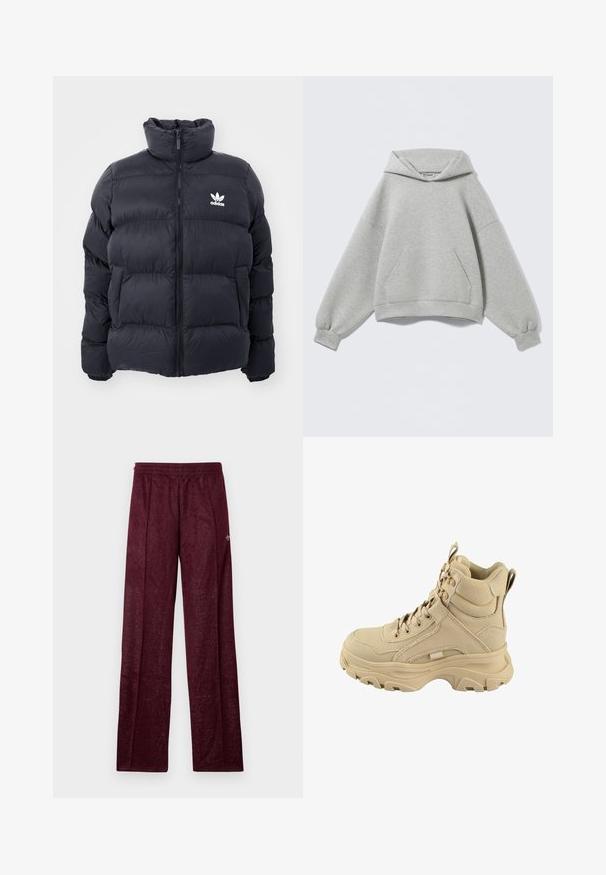 Marineblauwe pufferjack met hoge kraag, ritssluiting en wit Adidas-logo op de borst. Beschikt over gestikte panelen en een gladde, glanzende textuur.; Lichtgrijze oversized hoodie met een voorzak in kangaroestijl, geribde boorden en een gevouwen capuchon, afgebeeld tegen een effen achtergrond.; Bordeaux sportieve broek gemaakt van gestructureerde stof, met een elastische tailleband en zijnaad voor een recht model.; Beige hoge sneakerboot met dikke, robuuste zool, veters aan de voorkant, gewatteerde enkelkraag en trekbandjes bij hiel en tong.