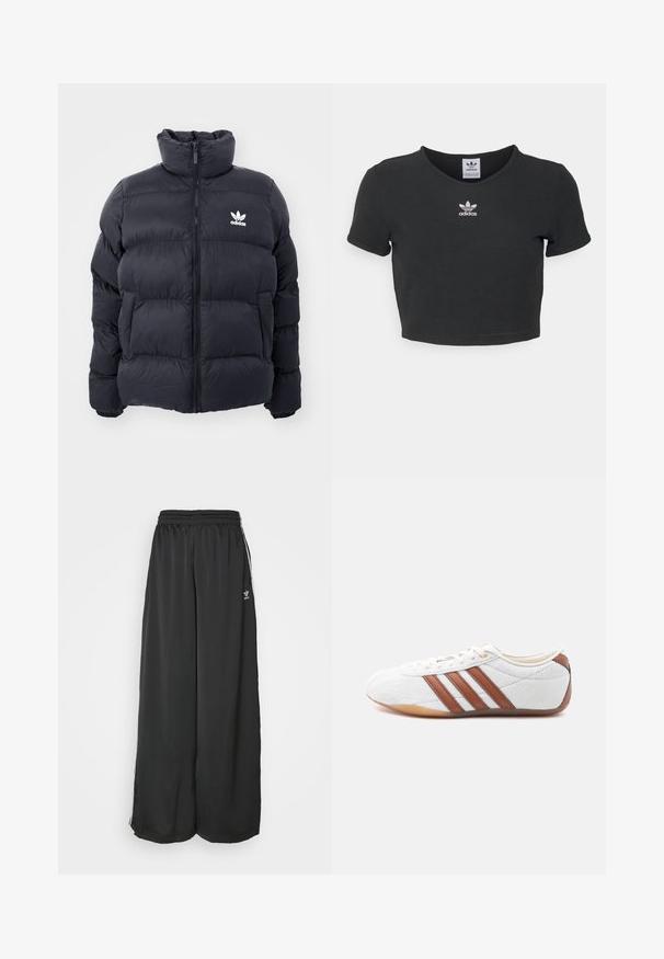 Marinblå puffjakke med høj krave, lynlås lukning og hvid Adidas-logo på brystet. Har syede paneler og en glat, blank overflade.; Sort cropped t-shirt lavet af bomuld, med rund halsudskæring og korte ærmer. I midten har den hvid Adidas logo broderi.; Sorte løstsiddende træningsbukser lavet af glat stof. Har en elastisk talje og sidelogsstriber med logoaccents.; Hvid sneaker med lavt snit og brune læderstriber, snørelukning og en sål i gummi, vist fra indersiden på en hvid baggrund.