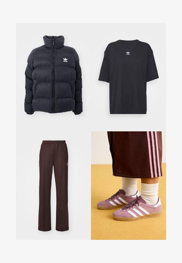 Marineblaues Puffer-Jackett mit hohem Kragen, Reißverschluss und weißem Adidas-Logo auf der Brust. Verfügt über gestickte Paneele und eine glatte, glänzende Textur.; Schwarzes Baumwoll-T-Shirt mit kurzen Ärmeln, rundem Halsausschnitt, mit einem weißen Adidas-Logo auf der Brust. Einfaches Design, lockere Passform.; Braune Sporthose mit einem elastischen Bund, zwei Seitentaschen und einem kleinen Logo auf der linken Seite, gefertigt aus weichem Stoff.; Lila Wildlederschuhe mit weißen Streifen, Gummisohle und strukturierten Akzenten, kombiniert mit gerippten weißen Socken und einer braunen Trainingshose mit rosa Streifen.