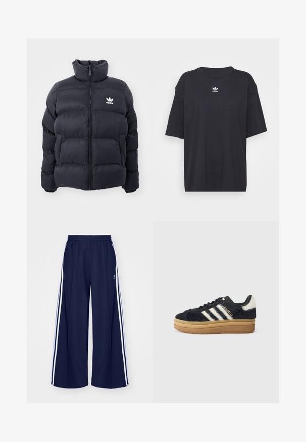 Morská prešívaná bunda s vysokým golierom, zipsom a bielym logom Adidas na hrudi. Obsahuje prešívané panely a hladkú, lesklú textúru.; Čierne bavlnené tričko s krátkymi rukávmi, okrúhlym výstrihom, na hrudi s bielym logom Adidas. Jednoduchý dizajn, voľný strih.; adidas Originals PANT - Tepláky - night indigo; Čierne chlpaté tenisky s bielymi pruhmi a zlatým písmom, s hrubou gumovou podrážkou a textúrovaným vrchom. Ozdobené fuzzy chrbátom.