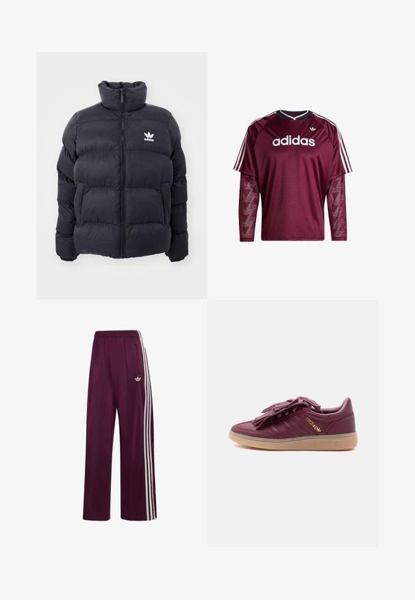 Marineblaues Puffer-Jackett mit hohem Kragen, Reißverschluss und weißem Adidas-Logo auf der Brust. Verfügt über gestickte Paneele und eine glatte, glänzende Textur.; Maroonfarbenes Adidas-Langarmshirt mit Netzärmeln, weißem Logo und Streifen auf den Schultern, schwarzem und weißem Kragen, Vorderansicht.; Bordeauxrote Adidas-Trainingshose mit elastischem Bund, drei weißen Seitenstreifen, Reißverschlusstasche und gesticktem Logo am linken Oberschenkel.; Maroonfarbener Adidas Spezial Sneaker mit Kautschuksohle, goldenem Logo an der Seite und Fransen über den Schnürsenkeln, vor einfachem weißem Hintergrund.