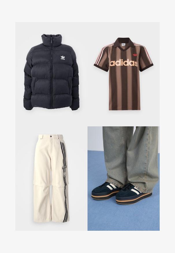 Morská prešívaná bunda s vysokým golierom, zipsom a bielym logom Adidas na hrudi. Obsahuje prešívané panely a hladkú, lesklú textúru.; Hnedé prúžkované polo tričko Adidas s výstrihom do V, bordovým golierom a červeným logom. Má bielo-červené pruhy na ramenách a krátke rukávy.; Bežové nohavice s širokými nohavicami vyrobené z bavlny, s čiernym trojpruhovým dizajnom po boku a nášivkou loga Adidas na stehne.; Tmavomodré semišové platformové tenisky s bielymi pruhmi a čiernymi šnúrkami. Majú hrubú hnedú gumovú podrážku. Nosia sa s svetlomodrými džínsami.