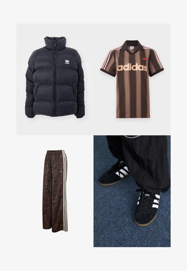 Morská prešívaná bunda s vysokým golierom, zipsom a bielym logom Adidas na hrudi. Obsahuje prešívané panely a hladkú, lesklú textúru.; Hnedé prúžkované polo tričko Adidas s výstrihom do V, bordovým golierom a červeným logom. Má bielo-červené pruhy na ramenách a krátke rukávy.; Široké nohavice s hnedo-čiernym vzorom hadovej kože, bielymi bočnými pruhmi a elastickým pásom, s malým logom Adidas.; Čierne roháčiky z semišu so tromi bielymi pruhmi a čiernymi šnúrkami. Texturované čierne nohavice sú čiastočne viditeľné vedľa topánok.
