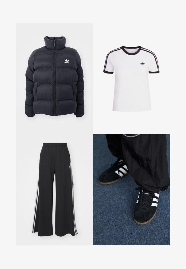 Marinblå puffjakke med høj krave, lynlås lukning og hvid Adidas-logo på brystet. Har syede paneler og en glat, blank overflade.; Hvid kortærmet t-shirt med sorte detaljer, der har rund halsudskæring og tre sorte striber på hver skulder. Lille sort logo på brystet.; Sorte bukser med vide ben og elastik i taljen, med tre hvide striber langs ydersiderne og et lille logo foran.; Sorte suedetrainingssko med tre hvide striber og sorte snørebånd. Et tekstureret sort bukser er delvist synligt ved siden af skoene.