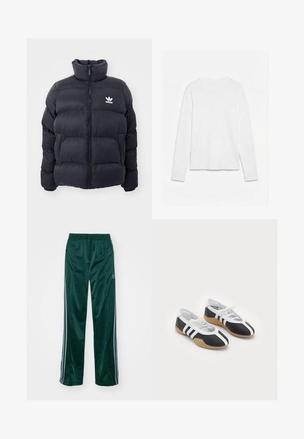 Marineblauwe pufferjack met hoge kraag, ritssluiting en wit Adidas-logo op de borst. Beschikt over gestikte panelen en een gladde, glanzende textuur.; Effen wit, langarmig shirt met ronde hals, plat neerligt op een witte ondergrond, waarbij de voorkant en de volledige mouwlengte zichtbaar zijn.; Donkergroene sportbroeken van glanzend materiaal, met zijstrepens in lichtgrijs en een geborduurd logo op het linkerbeen.; Zwart-witte sport schoenen met een slank ontwerp, rubberen zool, vetersluiting en drie witte strepen aan de zijkanten.
