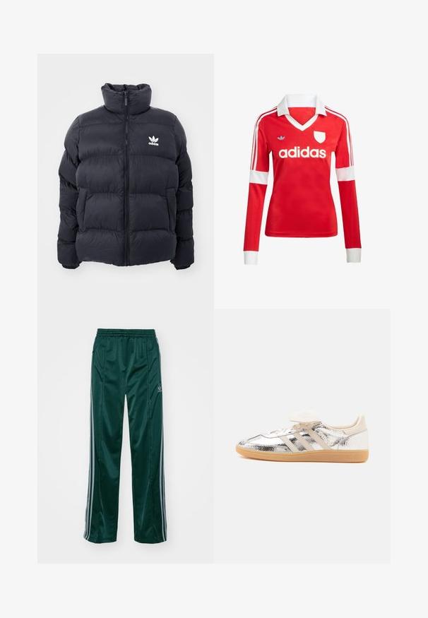 Tumesine puffer jope kõrge kraega, lukuga ja valge Adidas'i logoga rinnal. Omab õmmeldud paneele ja siledat, läikivat tekstuuri.; Punane pikade varrukatega jalgpallipluus valge krae ja varrukateotstega. Omab kolme valget triipu õlgadel ja väljapaistvat "adidas" logo.; Tumedad roheline sportpants, mis on valmistatud läikivast materjalist, külgedel on heledates hallides triipudes ja vasakul jalal on broderdatud logo.; Madala otsaga toss, millel on läikiv hõbedane pealsest materjal, beeži värvi kolm triipu, valged paelad ja pruun kummist tald, näidatud küljelt valgel taustal.