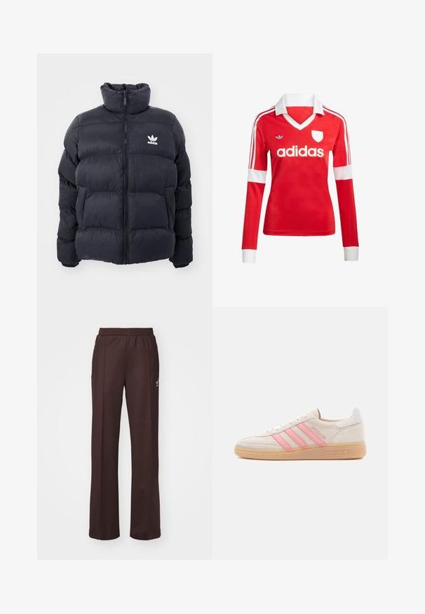 Marineblauwe pufferjack met hoge kraag, ritssluiting en wit Adidas-logo op de borst. Beschikt over gestikte panelen en een gladde, glanzende textuur.; Rode lange mouwen voetbalshirt met een witte kraag en manchetten. Heeft drie witte strepen op de schouders en het "adidas" logo prominent weergegeven.; Bruine sportieve broek met een elastische tailleband, twee zijzakken en een klein logo aan de linkerzijde, gemaakt van een zachte stof.; Beige suède sneaker met roze drie strepen aan de zijkant. Voorzien van een gestructureerde rubberen zool en een witte hielaccent. Minimalistisch ontwerp.