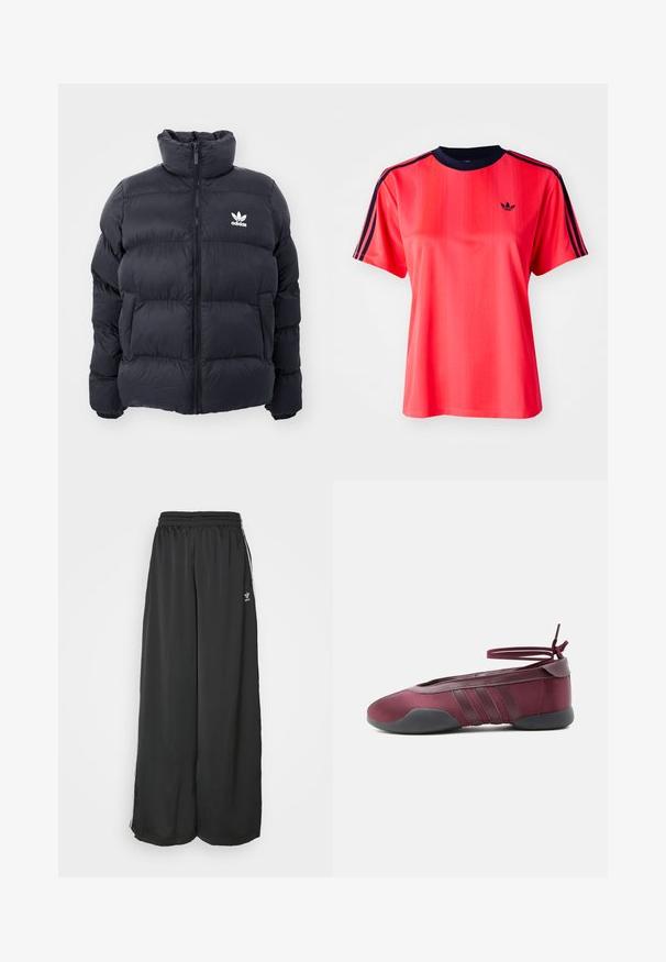 Marinblå puffjakke med høj krave, lynlås lukning og hvid Adidas-logo på brystet. Har syede paneler og en glat, blank overflade.; Rød sports t-shirt med korte ærmer, der har lodrette striber, en marineblå rund hals og et lille sort logo på forsiden.; Sorte løstsiddende træningsbukser lavet af glat stof. Har en elastisk talje og sidelogsstriber med logoaccents.; Burgunderfarvet balletsko med sort sål, elastiske ankelstropper bundet i sløjfe og syninger på siderne, vist fra ydersiden.