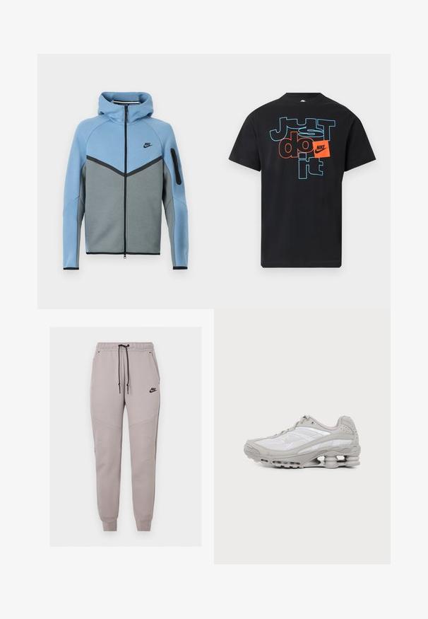 Μπουφάν με κουκούλα της Nike σε μπλε και γκρι χρώμα, με φερμουάρ στο μπροστινό μέρος, σχέδιο σε σχήμα βέλους και τσέπη με φερμουάρ στο μανίκι.; Μαύρο T-shirt Nike με το κείμενο «Just do it» σε μπλε περίγραμμα και πορτοκαλί μπλοκ γράμματα, με πορτοκαλί μπαλώμα λογότυπου Nike στο στήθος.; Ανοιχτό γκρι φόρμα Nike με μαύρο κορδόνι, ελαστικές μανσέτες, πλαϊνές τσέπες και λογότυπο Nike στο πάνω αριστερό μηρό.; Γκρι και άσπρο αθλητικό παπούτσι με ορατό αεριζόμενο πέλμα και πλέγμα, εμφανίζεται σε προφίλ σε απλό ανοιχτό φόντο.