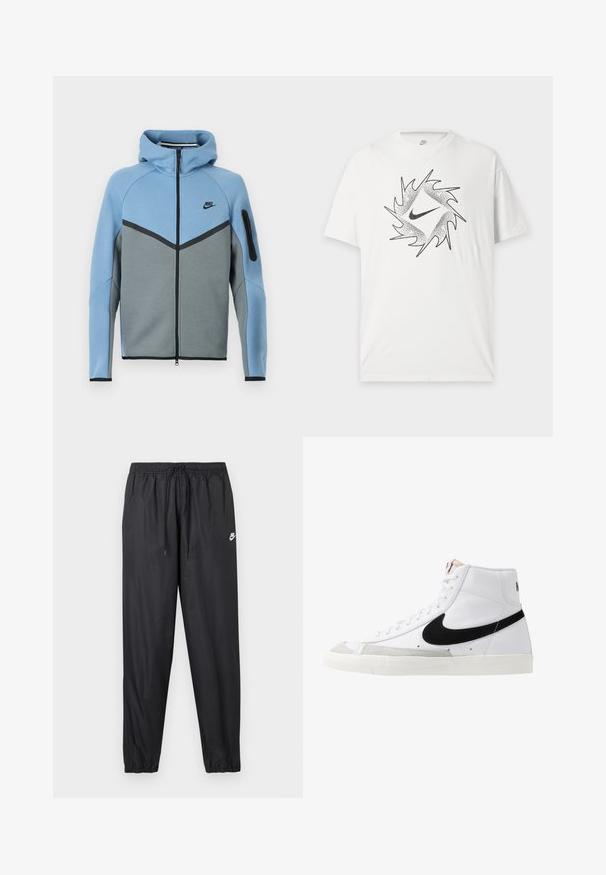 Μπουφάν με κουκούλα της Nike σε μπλε και γκρι χρώμα, με φερμουάρ στο μπροστινό μέρος, σχέδιο σε σχήμα βέλους και τσέπη με φερμουάρ στο μανίκι.; Λευκό κοντομάνικο T-shirt Nike με μαύρο αφηρημένο κυκλικό σχέδιο και κεντρικό λογότυπο Nike swoosh στο εμπρόσθιο μέρος.; Μαύρο παντελόνι jogger με ελαστική μέση και ρυθμιζόμενο κορδόνι. Λείο, ελαφρύ υλικό με μικρό λευκό λογότυπο Nike.; Λευκά ψηλά μορφωμένα παπούτσια με μαύρη γραμμή, υφασμάτινη γκρι μύτη και επίπεδη λευκή σόλα. Διαθέτει έξι τρυπήματα και ραμμένες λεπτομέρειες.