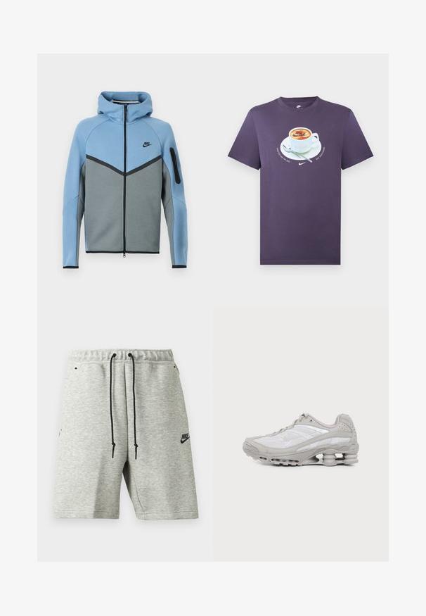 Μπουφάν με κουκούλα της Nike σε μπλε και γκρι χρώμα, με φερμουάρ στο μπροστινό μέρος, σχέδιο σε σχήμα βέλους και τσέπη με φερμουάρ στο μανίκι.; Μωβ μπλουζάκι με στρογγυλή λαιμόκοψη και γραφικό με κούπα καφέ, πιατάκι και κουτάλι, με λογότυπο Nike στον αφρό του καφέ.; Ανοιχτό γκρι σορτς Nike με μαύρα κορδόνια, ελαστική μέση, πλαϊνές τσέπες και μικρό μαύρο λογότυπο Nike στο αριστερό πόδι.; Γκρι και άσπρο αθλητικό παπούτσι με ορατό αεριζόμενο πέλμα και πλέγμα, εμφανίζεται σε προφίλ σε απλό ανοιχτό φόντο.