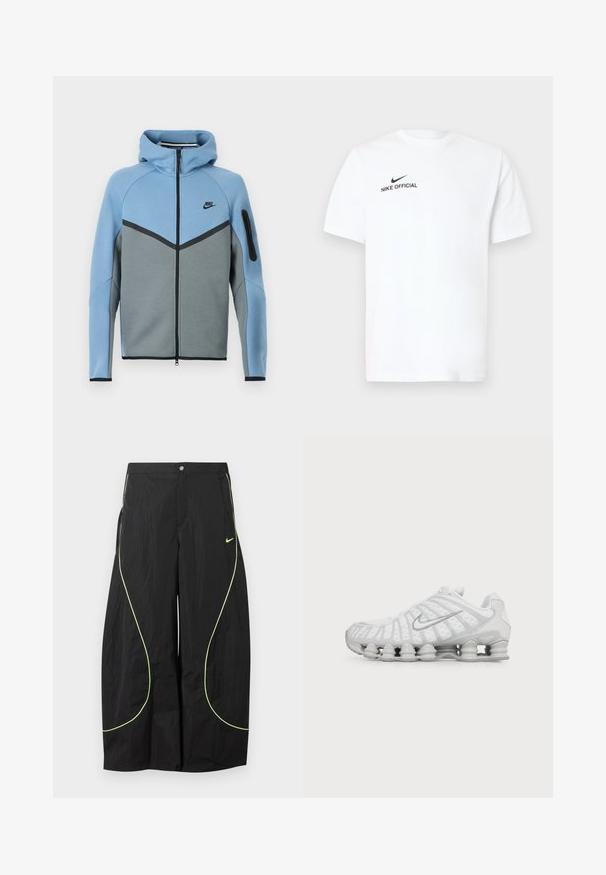 Μπουφάν με κουκούλα της Nike σε μπλε και γκρι χρώμα, με φερμουάρ στο μπροστινό μέρος, σχέδιο σε σχήμα βέλους και τσέπη με φερμουάρ στο μανίκι.; Λευκό βαμβακερό T-shirt με κοντά μανίκια. Διαθέτει μαύρο λογότυπο «Nike Official» και μαύρο σβούρο στην αριστερή πλευρά του στήθους.; Μαύρο παντελόνι Nike με φαρδιά μπάσκα, νεον πράσινη καμπύλη διακόσμηση και μικρό λογότυπο Nike Swoosh στο δεξί μηρό, κλείσιμο με κουμπί και φερμουάρ στη μέση.; Λευκό αθλητικό παπούτσι Nike με ορατή αεριζόμενη σόλα και ασημένιο λογότυπο Swoosh στο πλάι, απεικονιζόμενο από την εξωτερική πλευρά.