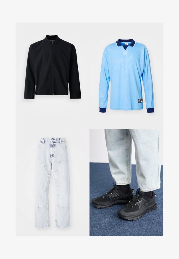 Chaqueta negra de cremallera con cuello, mangas largas y diseño corto. El material parece suave, sin patrones o acentos visibles.; Camisa polo de manga larga azul claro con collar y puños en azul marino, que presenta un sutil patrón por toda la prenda y la marca Nike en el dobladillo inferior.; Pantalones vaqueros de mezclilla azul claro, de pierna recta, con bolsillos de parche, cintura alta y un acabado desgastado. Presentan costuras tonales y un ajuste relajado.; Zapatillas deportivas negras con tejido texturizado y suelas de goma, con cordones elásticos y un acento azul en el talón. Combinadas con pantalones de mezclilla claros.