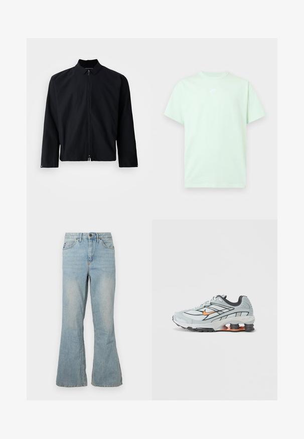 Mustmust valmistatud must zip-up jakk kraega, pikad varrukad ja lühendatud disain. Materjal näeb välja sile, ilma nähtavate mustrite või aktsentideta.; Heleheline roheline Nike lühikeste varrukatega T-särk, millel on ümar kaelus ja väike valge logo rindkere keskel, ühevärvilisel taustal.; Heledad sinine teksapüksid, millel on keskmise kõrgusega vöökoht, viis taskut ja nähtav õmblemine. Omab siledat tekstuuri ja tavalist lukuga sulgemist.; Helehall jooksujalats mustade aksentide, oranži logoga, võrkkattega pealosa, pehmendatud krae ja kummist tallaga, millel on nähtavad lööke neelavad elemendid.