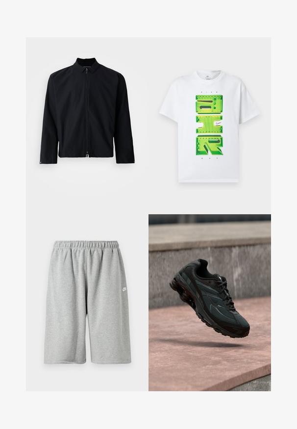 Schwarze Zip-Jacke mit Kragen, langen Ärmeln und cropped Design. Das Material scheint glatt zu sein, ohne sichtbare Muster oder Akzente.; Weißes T-Shirt mit kurzen Ärmeln, großem grünen 3D-Schriftzug "AIR" und kleinem schwarzen Nike Swoosh-Logo mittig vorne.; Graue Baumwollshorts mit elastischem Bund, locker geschnitten und einem kleinen weißen Logo nahe dem Saum. Glatte Textur, knielang.; Schwarzer athletischer Sneaker mit sichtbarer Air-Cushioning-Zwischensohle, der über einer rosa Steinoberfläche mit grauer Steinmauer im Hintergrund schwebt.