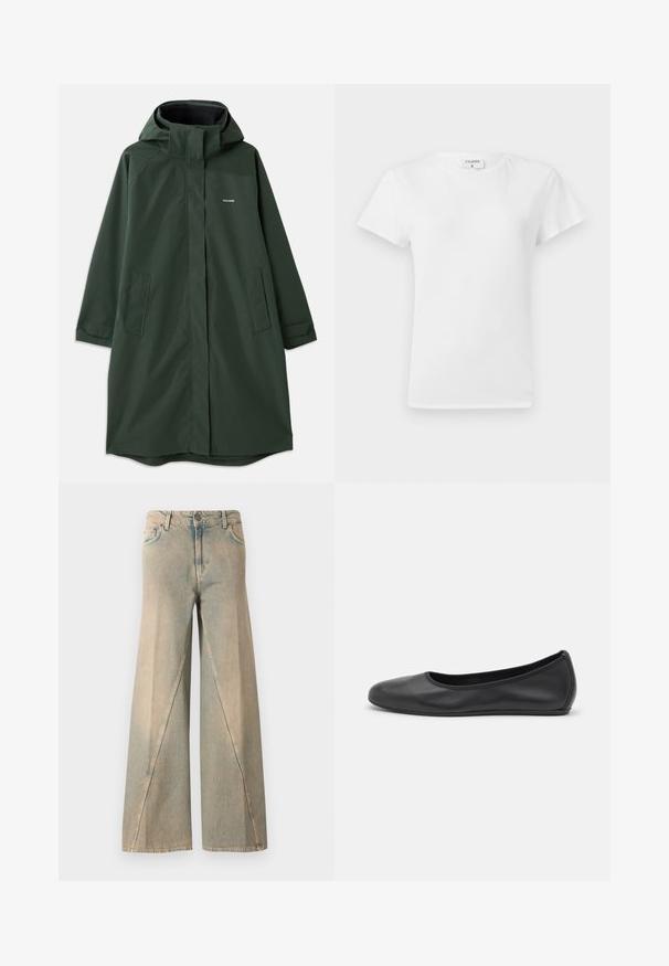 Manteau imperméable vert foncé avec capuche, doté d'une fermeture éclair à l'avant, de poches latérales et d'une coupe décontractée. Texture lisse, marque minimaliste.; T-shirt en coton blanc avec un col rond et des manches courtes, présentant une coupe décontractée et un design minimaliste. Étiquette visible au niveau du cou.; Jean large bleu clair en denim. Doté d'une taille haute, de poches avant et d'un motif de couture distinctif le long des jambes.; Ballerines en cuir noir avec un bout rond, texture lisse, détails de couture minimalistes et design de semelle flexible.