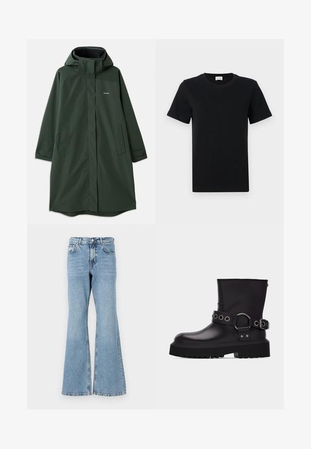 Manteau imperméable vert foncé avec capuche, doté d'une fermeture éclair à l'avant, de poches latérales et d'une coupe décontractée. Texture lisse, marque minimaliste.; T-shirt noir en coton à manches courtes avec un col rond, présentant un détail de logo subtil sur le bas devant, et un ourlet droit.; Jean en denim bleu clair évasé avec une taille haute, présentant une fermeture à bouton, cinq poches et un délavage avec un léger effet de froissement.; Botte en cuir noire mi-mollet avec semelle épaisse à crampons, bride décorative avec œillets en métal argenté et boucle latérale.
