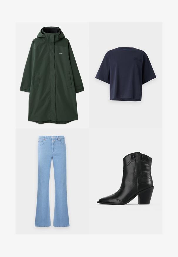 Manteau imperméable vert foncé avec capuche, doté d'une fermeture éclair à l'avant, de poches latérales et d'une coupe décontractée. Texture lisse, marque minimaliste.; T-shirt en coton bleu marine avec un col rond et des manches courtes. Présente un logo texturé sur la poitrine et une coupe décontractée et cropped.; Jean évasé bleu clair en denim, avec une taille haute, un design à cinq poches et des coutures contrastantes. Texture lisse avec une finition propre.; Bottine noire en cuir avec bout pointu, coutures décoratives, languette de tirage et talon bloc épais sur fond clair uni.