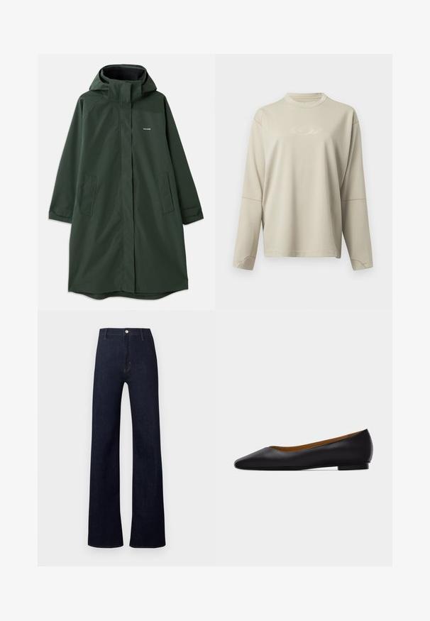 Manteau imperméable vert foncé avec capuche, doté d'une fermeture éclair à l'avant, de poches latérales et d'une coupe décontractée. Texture lisse, marque minimaliste.; Haut en maille beige clair à manches longues avec un col rond. Présente un logo discrètement en relief et des coutures contrastées le long des coutures.; Pantalon en jean bleu foncé avec une taille haute, une coupe ample à jambes larges, et un style classique à cinq poches. Il présente des détails en bronze et des coutures discrètes.; Chaussure plate en cuir noir à bout pointu avec talon bas et finition lisse, vue de côté sur un fond gris clair.