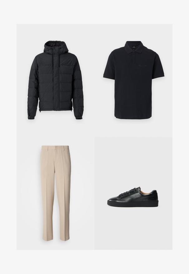 Musta pehmustettu takki, jossa on huppu, joustavat hihansuut, vetoketjulliset taskut ja vatkattu muotoilu, jossa on sileä ulkopinta.; Musta lyhythihainen poolopaita, jossa on kaulus ja hillitty Armani Exchange -logo vasemmassa rinnassa.; Beiget räätälöidyt suoralahkeiset housut, valmistettu sileästä kankaasta. Ominaisuuksiin kuuluu litteä etuosa ja tavallinen vyötärönauha, jossa on vyölenkit.; Musta nahkakenkä, jossa on sileä pinta, pyöreä kärki ja nauhakiinnitys. Varusteena paksu kumipohja ja minimaalinen brändäys.