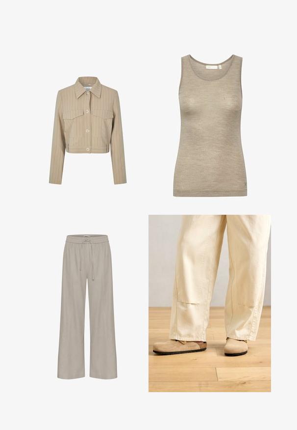 Afkortet beige jakke med lodrette striber, to brystlommer, en spids krave og sølvknaplukninger foran.; Beige ærmeløs tanktop lavet af blød, tekstureret stof, med en rund halsudskæring og et let figursyet design med minimale syningdetaljer.; Lysegrå bredbenede bukser lavet af blødt stof. De har en elastisk talje med snøre og subtile sidesømmer for ekstra detaljer.; Beige vidde bukser iført med tan ruskinds Birkenstock klipklapper på et lyst trægulv.
