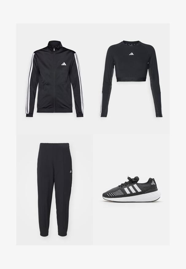 Sort atletisk jakke med høj krave, for-zip og hvide accentstriber langs armene. Har et broderet hvidt logo på brystet.; Sort cropped træningstop med lange ærmer lavet af glat stof. Har et hvidt logo på brystet og stribede detaljer på ærmerne.; Sorte træningsbukser lavet af et glat stof. Taperet design med elastiske manchetter. Har et lille hvidt logo på venstre hofte.; Sorte sportssko med en struktureret overdel, hvidt tre-stribe-design, gummiydersål og kontrasterende hvide detaljer på hælen.