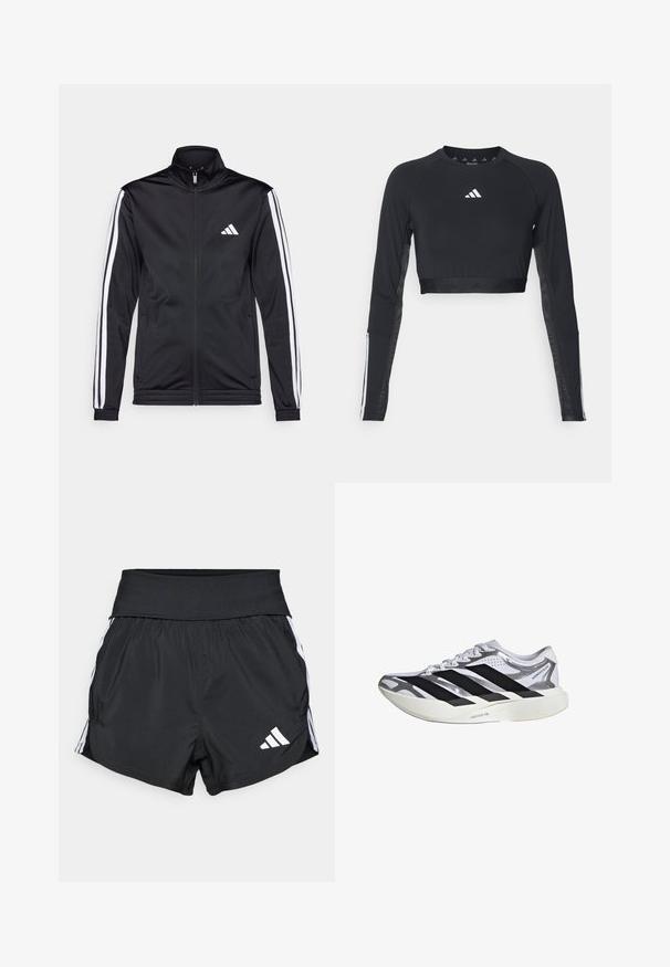 Sort atletisk jakke med høj krave, for-zip og hvide accentstriber langs armene. Har et broderet hvidt logo på brystet.; Sort cropped træningstop med lange ærmer lavet af glat stof. Har et hvidt logo på brystet og stribede detaljer på ærmerne.; Sorte atletiske shorts lavet af letvægtsmateriale, med en bred talje, hvide sidelister og et lille hvidt logo nederst på sømmen.; Løbesko med hvidt, sølv og sort design, tyk hvid sål mærket Lightstrike Pro og tre sorte striber på siden.