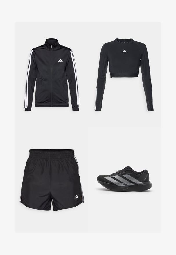 Sort atletisk jakke med høj krave, for-zip og hvide accentstriber langs armene. Har et broderet hvidt logo på brystet.; Sort cropped træningstop med lange ærmer lavet af glat stof. Har et hvidt logo på brystet og stribede detaljer på ærmerne.; Sort atletiske shorts med elastisk talje, sideslids og hvide tre-stribes detaljer. Har et lille hvidt logo nederst til højre.; Sort løbesko med sølvstriber, tyk polstret sål mærket "Lightstrike Pro," set fra siden på hvid baggrund.