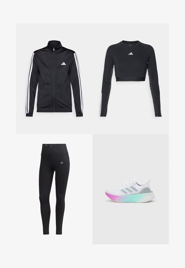 Zwarte sportjack met een hoge kraag, voorrits en witte accentstrepen langs de armen. Bevat een geborduurd wit logo op de borst.; Zwart geknipt langemouwen workout top van gladde stof. Bevat een wit logo op de borst en gestreepte accenten op de mouwen.; Zwarte legging met hoge taille, koorddetail en zijzakken. Gemaakt van gladde stof met reflecterende logo-accent.; Witte Adidas hardloopschoen met grijze strepen en een dikke zool die overgaat van roze naar groen, met de tekst "Lightboost" en "Ultraboost".