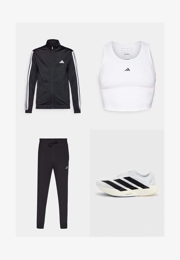 Sort atletisk jakke med høj krave, for-zip og hvide accentstriber langs armene. Har et broderet hvidt logo på brystet.; Hvid atletisk crop top lavet af letvægts, åndbart stof. Har mesh-sider og sort broderet logo på brystet.; Sorte atletiske bukser lavet af blødt stof, med elastisk talje, tætsiddende ben og et lille hvidt Adidas-logo på venstre lår.; Hvid løbesko med sort tre-stribet design på siden og tyk hvid sål mærket "Lightstrike Pro" på ensfarvet baggrund.