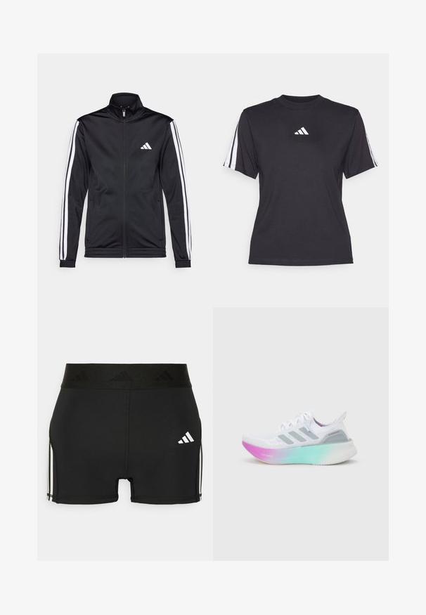 Sort atletisk jakke med høj krave, for-zip og hvide accentstriber langs armene. Har et broderet hvidt logo på brystet.; Sort atletisk T-shirt lavet af blødt stof, med rund halsudskæring, korte ærmer og tre hvide striber på hver skulder. Hvidt logo på brystet.; Sorte atletiske shorts lavet af strækbart materiale. Har en bred sort talje med præget logo og hvide sidestriber.; Hvid Adidas løbesko med grå striber og en tyk sål, der går fra pink til grøn, med teksten "Lightboost" og "Ultraboost".