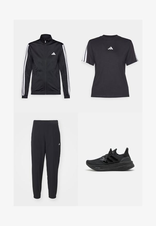 Chaqueta deportiva negra con cuello alto, cremallera frontal y franjas de acento blancas a lo largo de las mangas. Presenta un logo blanco bordado en el pecho.; Camiseta atlética negra de tejido suave, con cuello redondo, mangas cortas y tres rayas blancas en cada hombro. Logo blanco en el pecho.; Pantalones deportivos negros fabricados con una tela suave. Diseño entallado con puños elásticos. Presenta un pequeño logo blanco en la cadera izquierda.; Zapatillas deportivas negras con parte superior de tejido transpirable, diseño texturizado, las tres franjas características y una suela gruesa y acolchada etiquetada como "LIGHT BOOST".