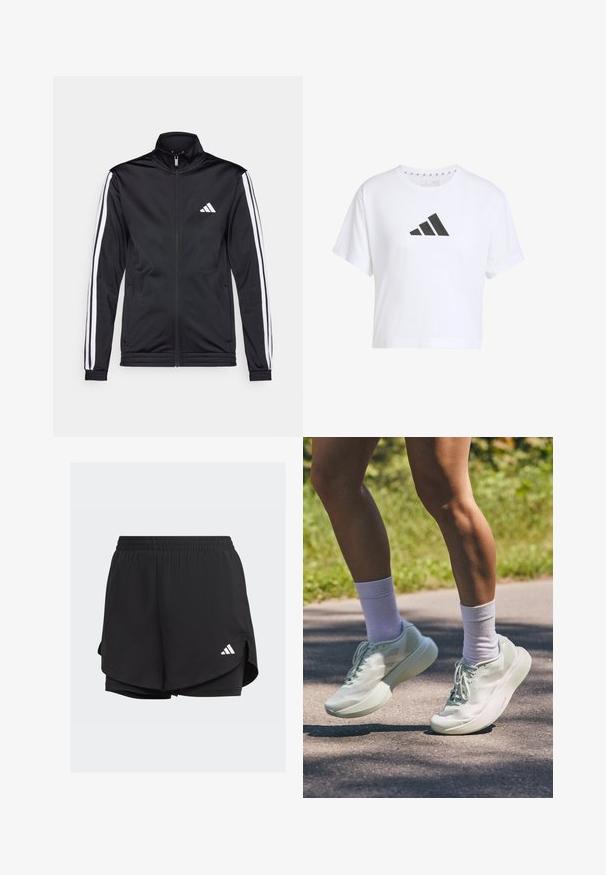 Sort atletisk jakke med høj krave, for-zip og hvide accentstriber langs armene. Har et broderet hvidt logo på brystet.; Hvid cropped t-shirt lavet af bomuld med et sort tre-stribet logo på forsiden, med korte ærmer og rund halsudskæring.; Sorte atletiske shorts med elastisk talje, lagdelt design, indvendige tætsiddende shorts og et hvidt logo på nederste venstre side.; Lys mintgrønne atletiske sko med en glat tekstur, rund tå og tyk sål. Båret sammen med hvide ankelstrømper, vist i bevægelse på en sti.