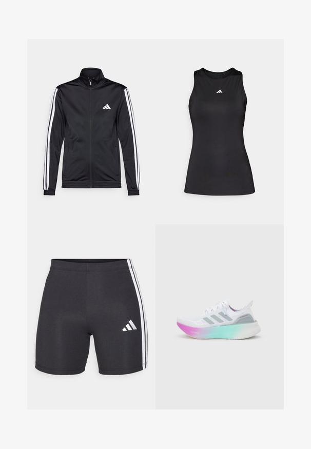 Sort atletisk jakke med høj krave, for-zip og hvide accentstriber langs armene. Har et broderet hvidt logo på brystet.; Sort ærmeløs atletisk top lavet af glat stof. Har en rund halsudskæring og et lille hvidt Adidas-logo på brystet.; Sorte atletiske shorts lavet af strækstof, præget af hvide sidelister og et Adidas-logo på den nedre højre ben. Glat tekstur.; Hvid Adidas løbesko med grå striber og en tyk sål, der går fra pink til grøn, med teksten "Lightboost" og "Ultraboost".