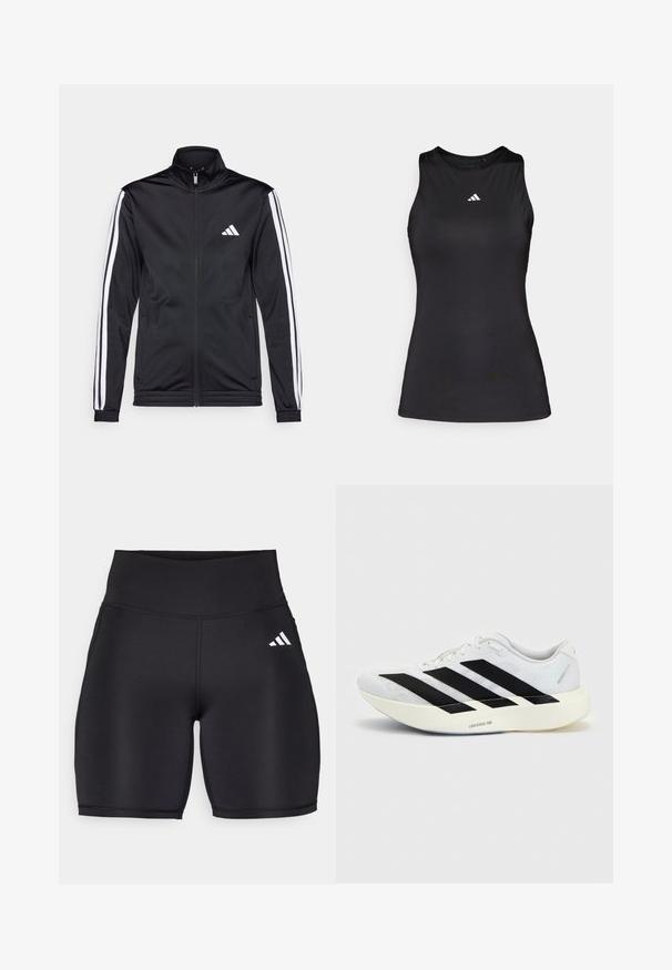 Sort atletisk jakke med høj krave, for-zip og hvide accentstriber langs armene. Har et broderet hvidt logo på brystet.; Sort ærmeløs atletisk top lavet af glat stof. Har en rund halsudskæring og et lille hvidt Adidas-logo på brystet.; Sorte atletiske shorts lavet af strækbart stof, med en høj talje, en glat tekstur og et hvidt tre-stribe logo på siden.; Hvid løbesko med sort tre-stribet design på siden og tyk hvid sål mærket "Lightstrike Pro" på ensfarvet baggrund.