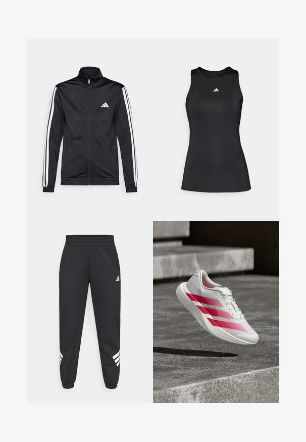 Zwarte sportjack met een hoge kraag, voorrits en witte accentstrepen langs de armen. Bevat een geborduurd wit logo op de borst.; Zwart mouwloos sporttop gemaakt van gladde stof. Heeft een ronde halslijn en een klein wit Adidas-logo op de borst.; Zwarte sweatpants met een elastische tailleband, taps toelopende benen en een wit drie-strepenontwerp aan de zijkanten. Gemaakt van zachte stof.; Witte hardloopschoen met drie dikke rode strepen, in de lucht boven betonnen trappen, die het lichte ontwerp en de gestructureerde zool benadrukt.