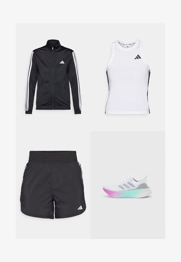 Sort atletisk jakke med høj krave, for-zip og hvide accentstriber langs armene. Har et broderet hvidt logo på brystet.; Hvid athletic tanktop med sorte sideaccentuer og logo. Har en scoop-neckline og tætsiddende design, lavet af letvægts, åndbart materiale.; Sorte atletiske shorts med elastisk talje, sidelommer og hvid stribeaccent på siderne. Fremstillet af letvægtsmateriale.; Hvid Adidas løbesko med grå striber og en tyk sål, der går fra pink til grøn, med teksten "Lightboost" og "Ultraboost".