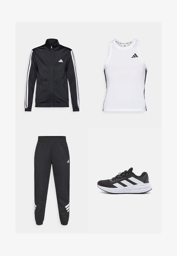Chaqueta deportiva negra con cuello alto, cremallera frontal y franjas de acento blancas a lo largo de las mangas. Presenta un logo blanco bordado en el pecho.; Camiseta deportiva blanca sin mangas con acentos laterales negros y logotipo. Presenta un escote en forma de scoop y un diseño ajustado, fabricada con material ligero y transpirable.; Pantalones de chándal negros con cintura elástica, piernas ajustadas y diseño de tres rayas blancas a los lados. Hechos de una tela suave.; Zapatilla deportiva negra con un upper de tela texturizada, que presenta tres rayas blancas en el lateral, una entresuela blanca y una suela de goma.