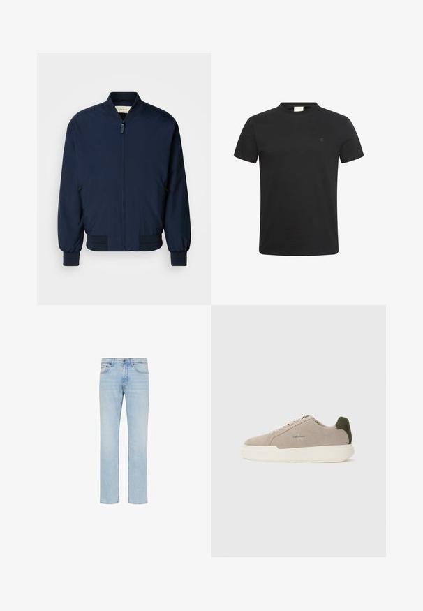 Marineblå bomberjakke lavet af glat, let stof med en frontlynlås, ribmede manchetter og kant. Har sidelommer med lynlås.; Sort t-shirt med korte ærmer og rund halsudskæring med lille diskret "cK" logo på venstre bryst.; Lyseblå straight-leg jeans i denim med forreste knap, lynlås og design med fem lommer vist på hvid baggrund.; Beige ruskinds sneakers med en hvid gummisål, der har en mørkegrøn hælaccent og subtil branding på siden.
