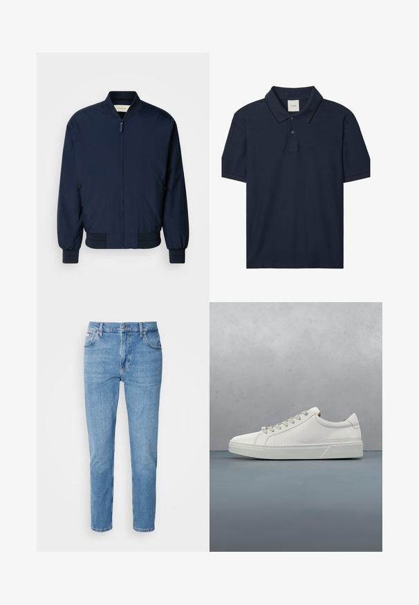 Marineblå bomberjakke lavet af glat, let stof med en frontlynlås, ribmede manchetter og kant. Har sidelommer med lynlås.; Marineblå kortærmet polo-shirt med to knapper, ribbet krave med tynd sort kant og lille "ck"-logo på venstre bryst.; Lys blå denim jeans med lige snit, fem-lomme design og subtilt slid. Har knaplukning og bæltestropper.; Hvid lædersneaker med rund tå, minimalistisk design, grå snørebånd og en tekstureret grå gummisål. Subtile syningsdetaljer er synlige.