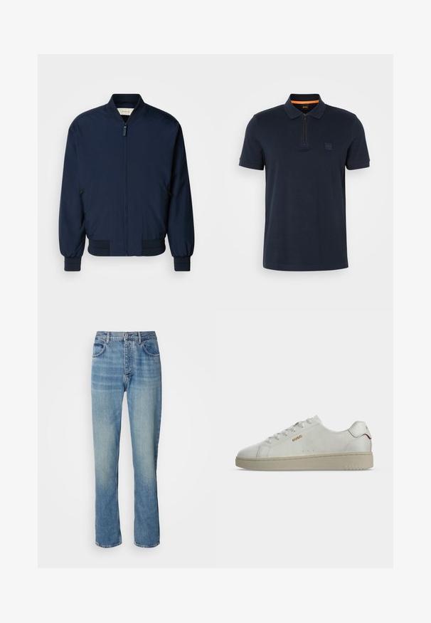 Chaqueta bomber de color azul marino hecha de una tela suave y ligera, con cremallera frontal, puños y dobladillo de canalé. Cuenta con bolsillos laterales con cremallera.; Polo de color marino con cuello con cremallera, que presenta un pequeño parche de logo en el pecho y mangas cortas. Material de mezcla de algodón con una textura suave.; Jeans de denim de pierna recta en azul claro con una cintura alta, cierre frontal de botón y cremallera, y diseño de cinco bolsillos.; Zapatilla blanca de caña baja con suela beige, logo dorado "HUGO" en el lateral y detalle rojo en la lengüeta del talón, mostrada en perfil lateral.