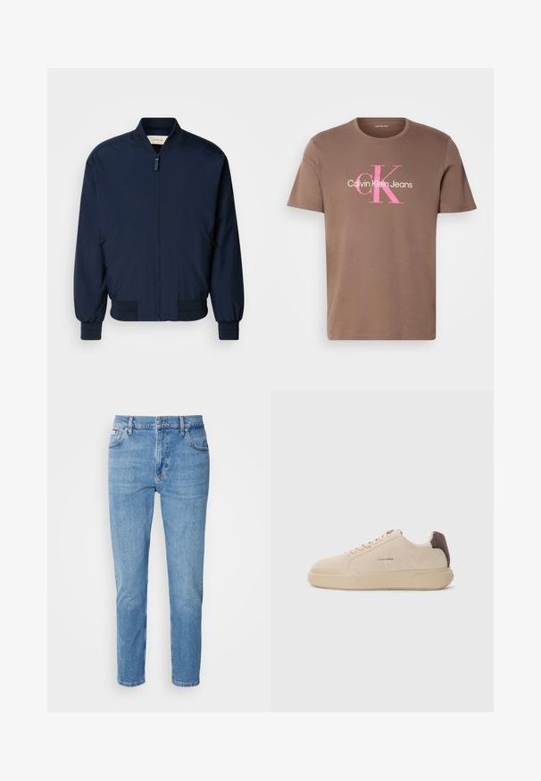 Chaqueta bomber de color azul marino hecha de una tela suave y ligera, con cremallera frontal, puños y dobladillo de canalé. Cuenta con bolsillos laterales con cremallera.; Camiseta de algodón marrón con mangas cortas, que presenta un logo gráfico en rosa y blanco "Calvin Klein Jeans" en una fuente destacada en el frontal.; Vaqueros de mezclilla azul claro con corte recto, diseño de cinco bolsillos y un sutil desgastado. Presentan un cierre de botón y pasadores para cinturón.; Zapatilla de ante beige con punta redondeada, cordones en la parte frontal y un acento de ante marrón en el talón. Cuenta con una suela de goma texturizada.