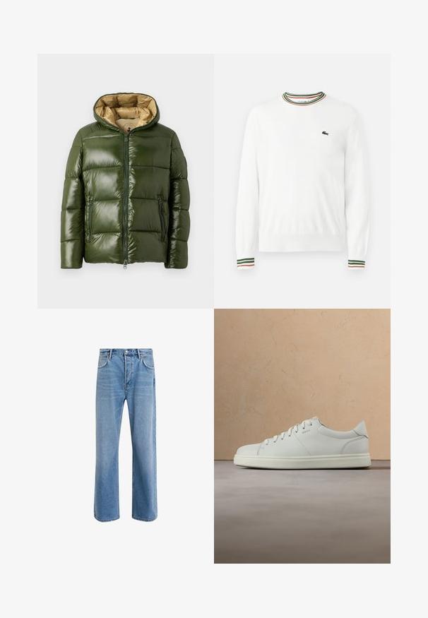 Veste doudoune verte avec une finition brillante, dotée d'une capuche, d'une fermeture éclair à l'avant, de deux poches zippées et d'une doublure intérieure beige.; Pull blanc à col rond, avec des accents rayés verts, rouges et oranges sur le col et les manches. Logo Lacoste sur la poitrine.; Jeans en denim bleu clair avec une coupe droite, cinq poches, fermeture à bouton, peu d'usure et des détails de couture contrastés.; Baskets en cuir blanc avec une texture lisse, un bout rond et des lacets plats. Elles présentent un logo discret et une semelle légère.