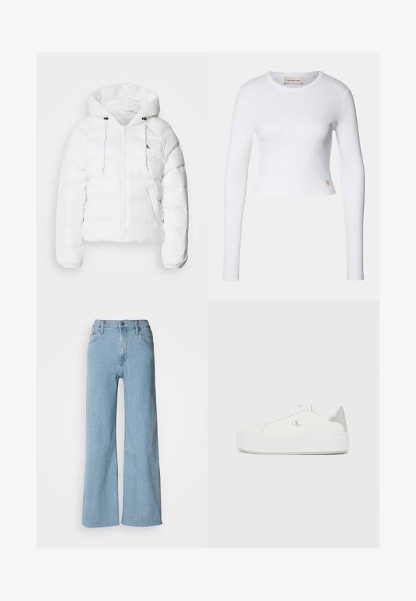 Calvin Klein Jeans LIGHTWEIGHT LOGO PUFFER - Talvejope - snow white; Valge pikakäistega lühike topp, mis on valmistatud ribakudumist. Omab ümmargust kaelust ja väikest logo silti vasakul allpool.; Heledad sinine lai jalgadega teksapüksid, millel on vormitud vöökoht, viie tasku disain ja peened õmblused.; Valged kangast tennisekingad paksu valge tallaga, millel on metallist hõbedane aksent kandadel ja tagasihoidlik logodetail küljel.